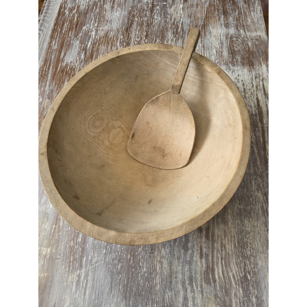 Vtg Munising Lg 13.5" 1911-1940 Hand Turned Wooden Dough Bowl With Paddle